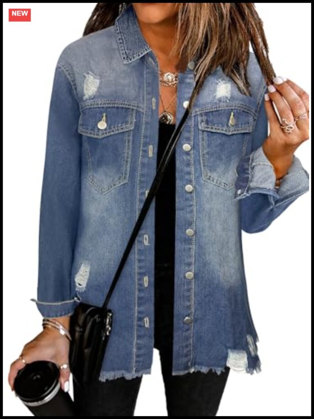 Oversized Distressed Denim Jacket Casual Long Sleeve Button Shacket Frayed Hem
